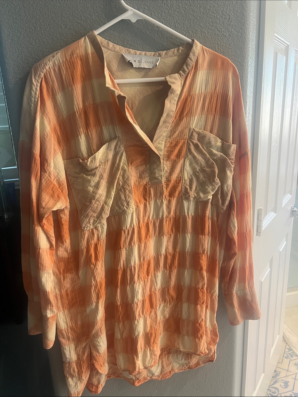 IRO Orange and Cream Plaid Pullover Tunic Top